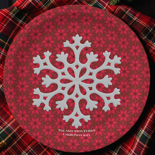 Customizable Vintage Red Snowflake Christmas Paper Plates