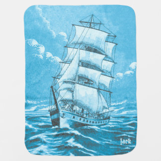 Customizable Vintage Sailing Ship Blue Nautical Baby Blanket