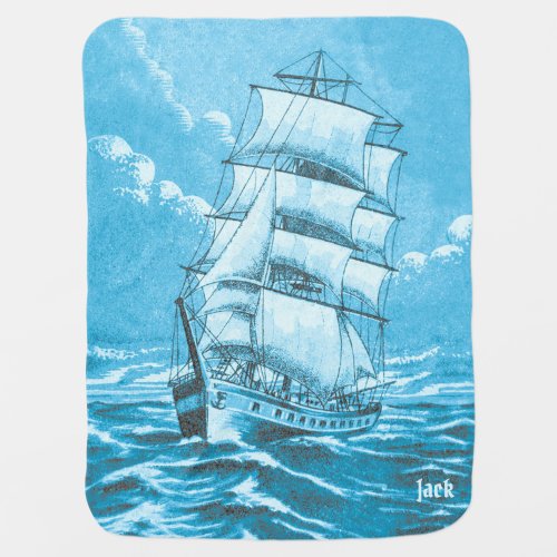 Customizable Vintage Sailing Ship Blue Nautical Baby Blanket