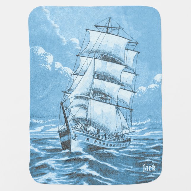 Customizable Vintage Sailing Ship Blue Nautical Baby Blanket (Front)