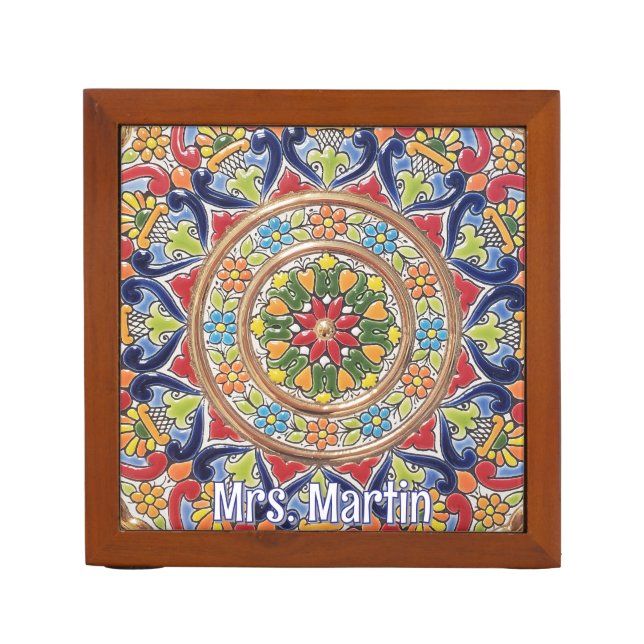 Customizable Vintage Spanish Tile Desk Organizer (Front)