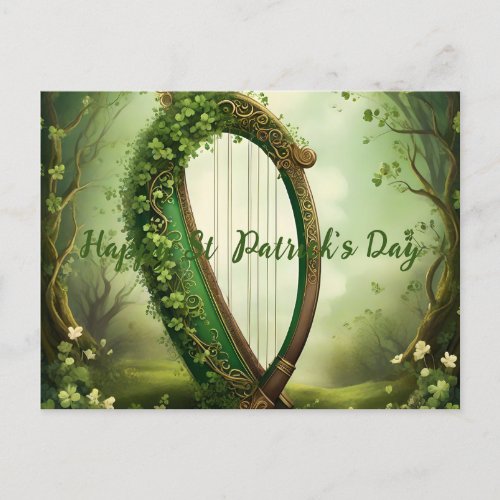 Customizable Vintage St Patrickâs Day Celtic Harp Announcement Postcard