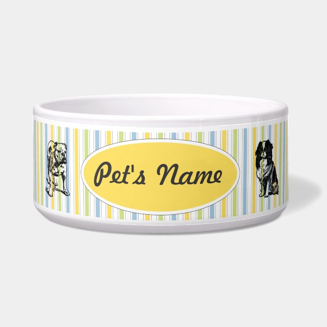 Customizable Vintage Toy Dogs on Stripes Pet Bowl (Front)