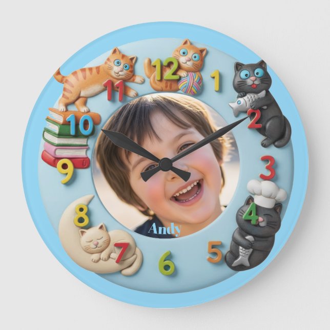 Customizable Wall Clock for Kids with Funny Cats (Front)