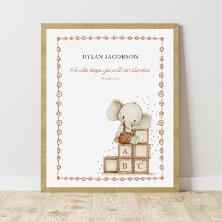 Customizable Watercolor Baby Elephant on ABC Block Poster