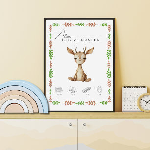 Customizable Watercolor Baby Giraffe Birth Details Poster