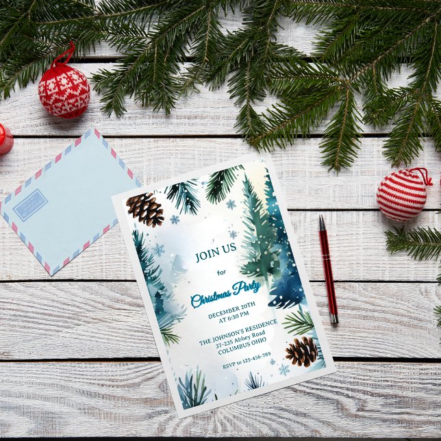 Customizable Watercolor Pine Trees Christmas Invitation (Creator Uploaded)