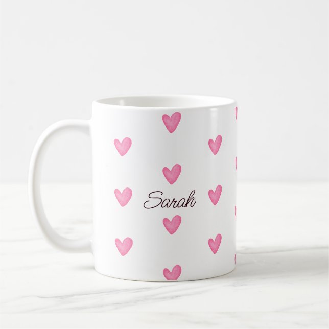 Customizable Watercolor Pink Hearts Coffee Mug (Left)