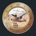 Customizable Wedding Anniversary Bronze Photograph Large Clock<br><div class="desc">A simple, elegant clock in bronze and copper tones, with Roman numerals. The frame that functions as part of the clock is also a frame for your favorite wedding photograph. Keep the sample image of a couple sitting on a bench facing a row of beautiful houses, or replace it with...</div>