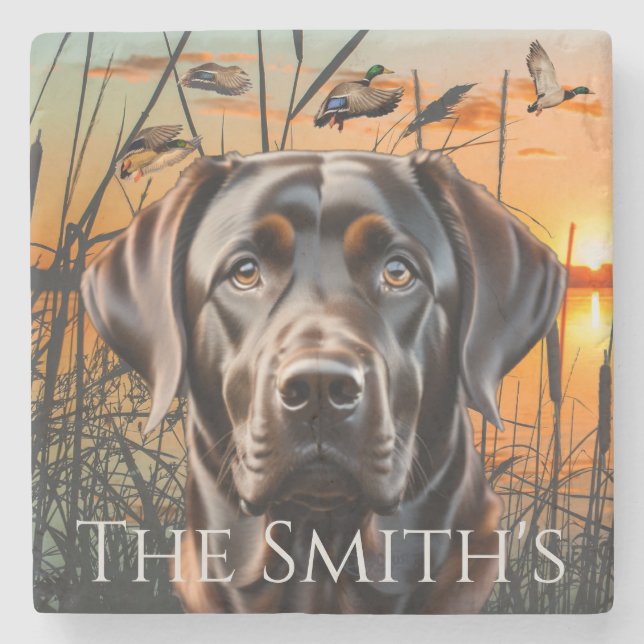Customizable Wedding Coaster, Chocolate Labrador Stone Coaster (Front)