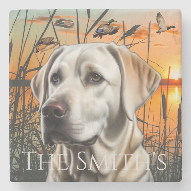 Customizable Wedding Gift, White Labrador Stone Coaster (Front)