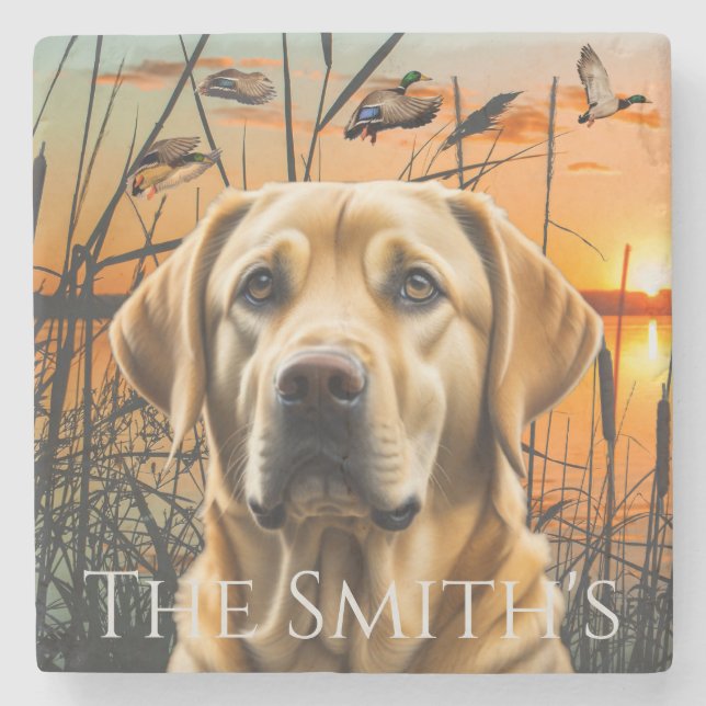 Customizable Wedding Gift, Yellow Labrador Stone Coaster (Front)