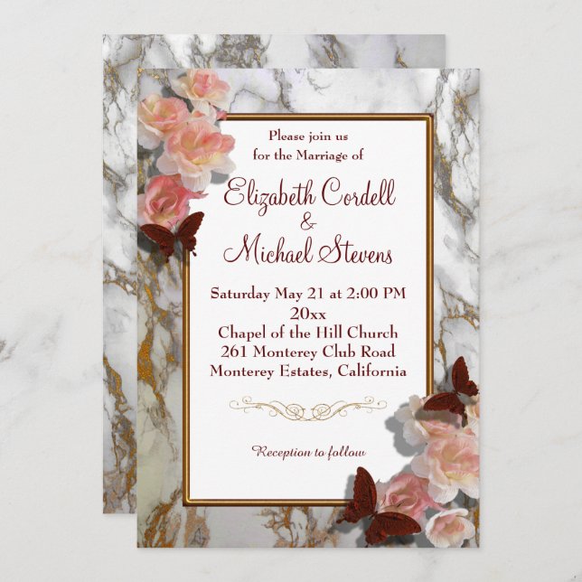 Customizable Wedding invitation marble faux gold (Front/Back)