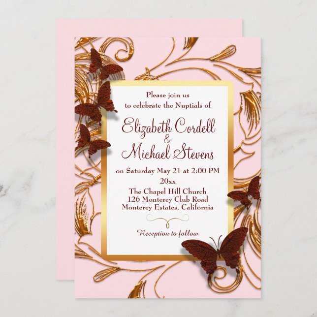 Customizable Wedding invitation pink faux gold (Front/Back)