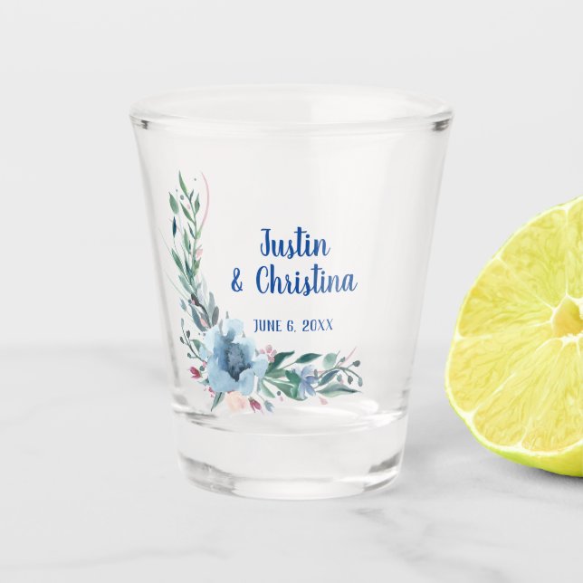 Customizable Wedding Keepsake Blue Floral Shot Glass (Front)