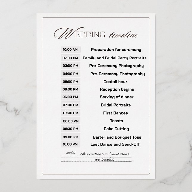 Customizable Wedding Timeline Foil Invitation (Back)