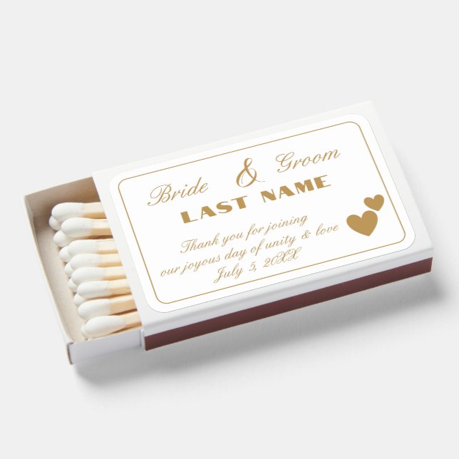 Customizable Wedding Two Golden Hearts Matchboxes (Front Open)