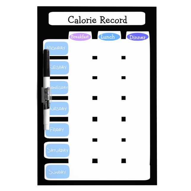 Customizable weekly calorie counting chart, 3 meal dry erase board (Front)