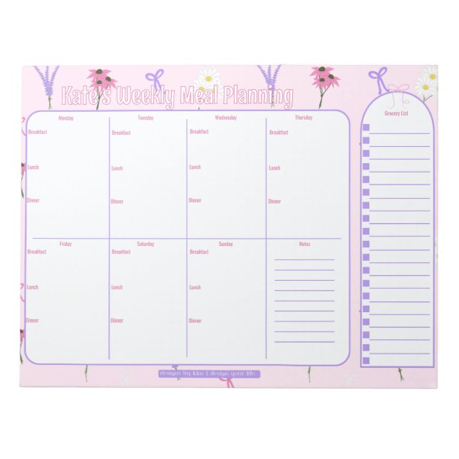 Customizable Weekly Meal Planner |Wildflowers&Bows Notepad (Front)