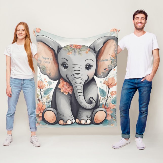 Customizable Whimsical Baby Elephant Fleece  Blanket (In Situ)