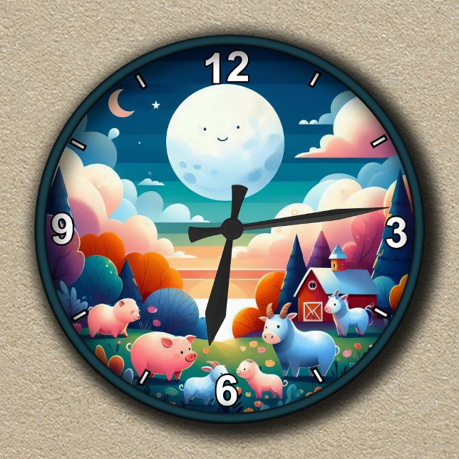 Customizable Whimsical Farmyard Nighttime  Round Clock (Creator Uploaded)