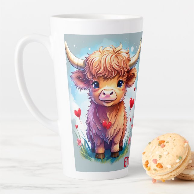 Customizable Whimsical Valentine Highland Cow,  Latte Mug (In Situ)
