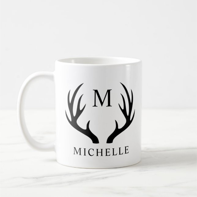 Customizable White And Black Deer Antler Monogram  Coffee Mug (Left)