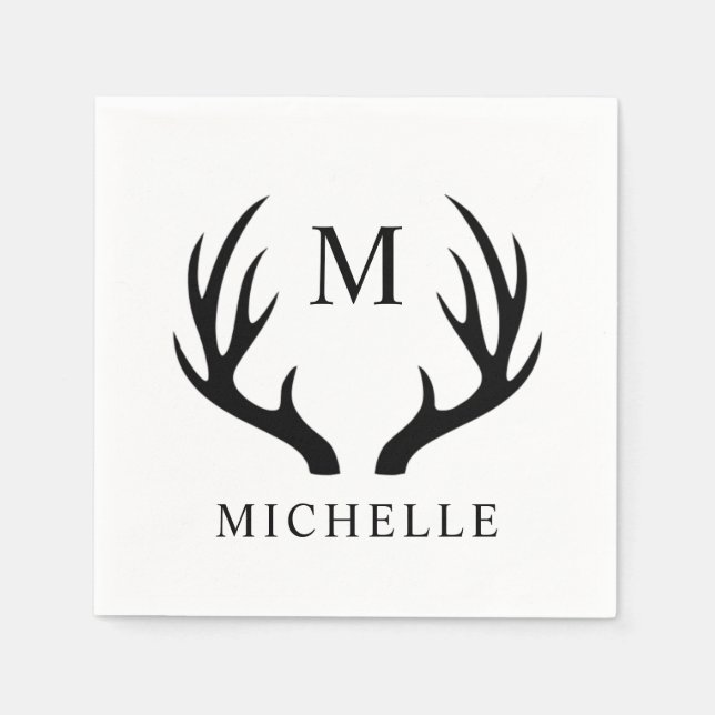 Customizable White And Black Deer Antler Monogram  Napkins (Front)