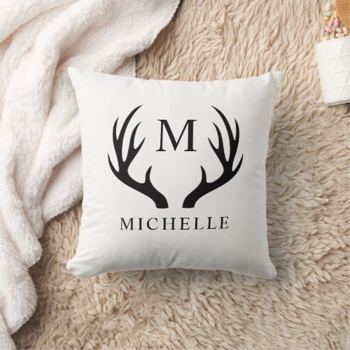 Customizable White And Black Deer Antler Monogram  Throw Pillow