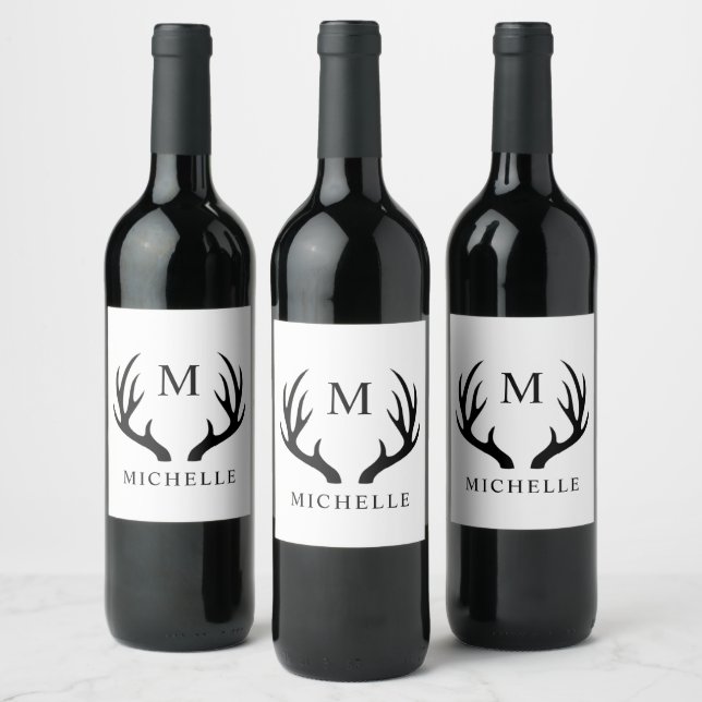 Customizable White And Black Deer Antler Monogram  Wine Label (Bottles)