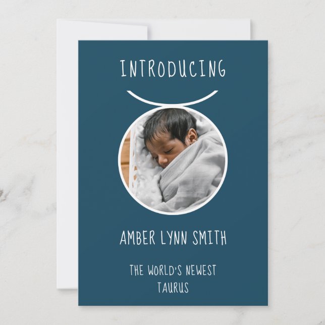Customizable White and Blue Taurus Baby Announcement (Front)