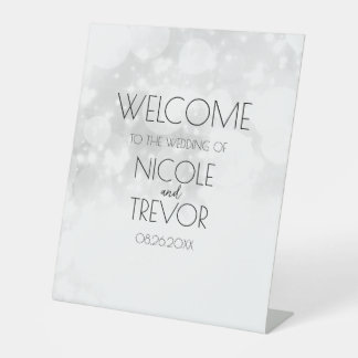 Customizable White Bokeh Wedding Welcome Pedestal Sign