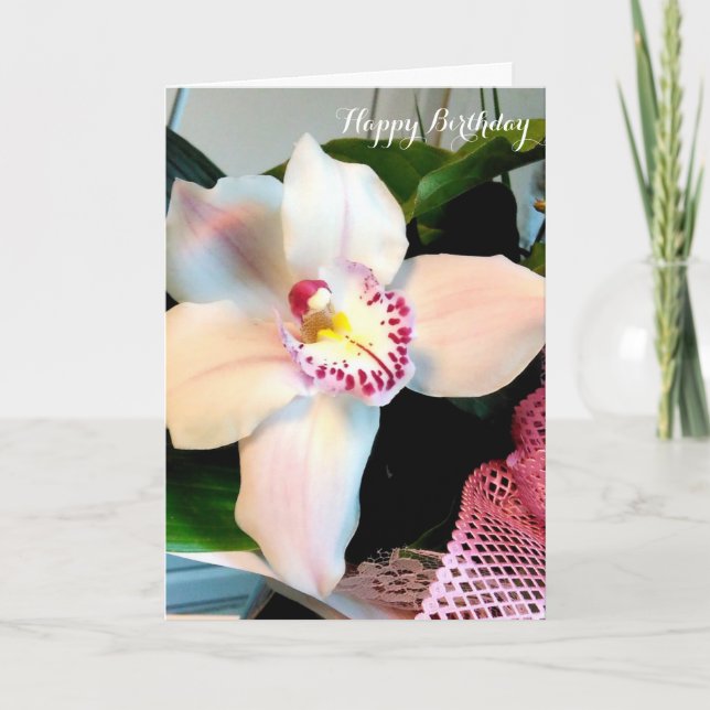 Customizable White Cymbidium Orchid Birthday Card (Front)