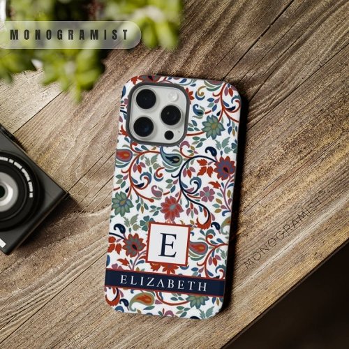 Customizable White Floral Red Green Paisley Flower iPhone 15 Pro Max Case
