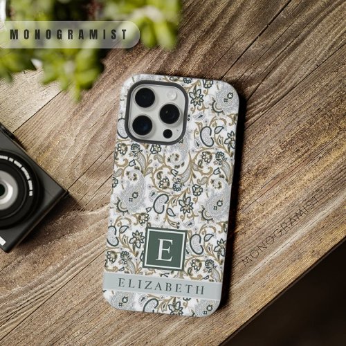Customizable White Grey Green Paisley Pattern iPhone 15 Pro Max Case