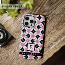 Customizable White Pink Black Checkered Argyle iPhone 15 Pro Max Case