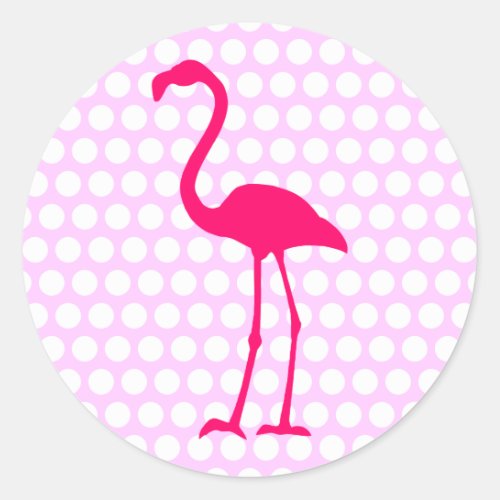 Customizable White Polka Dot Hot Pink Flamingo Classic Round Sticker