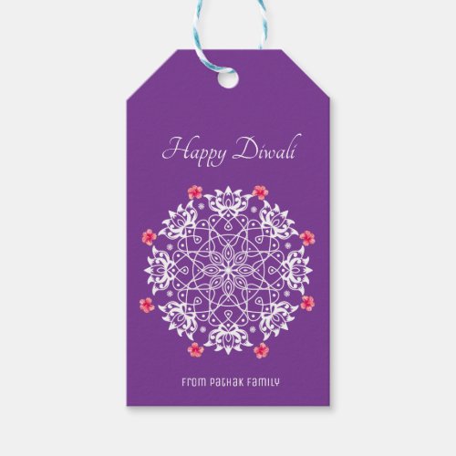 Customizable White Rangoli with hibiscus purple Gift Tags