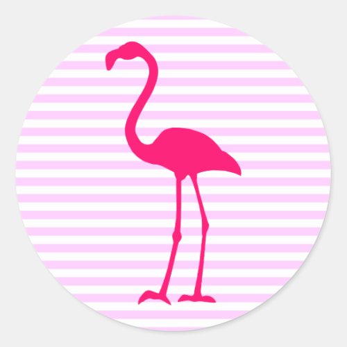 Customizable White Stripes Hot Pink Flamingo Classic Round Sticker