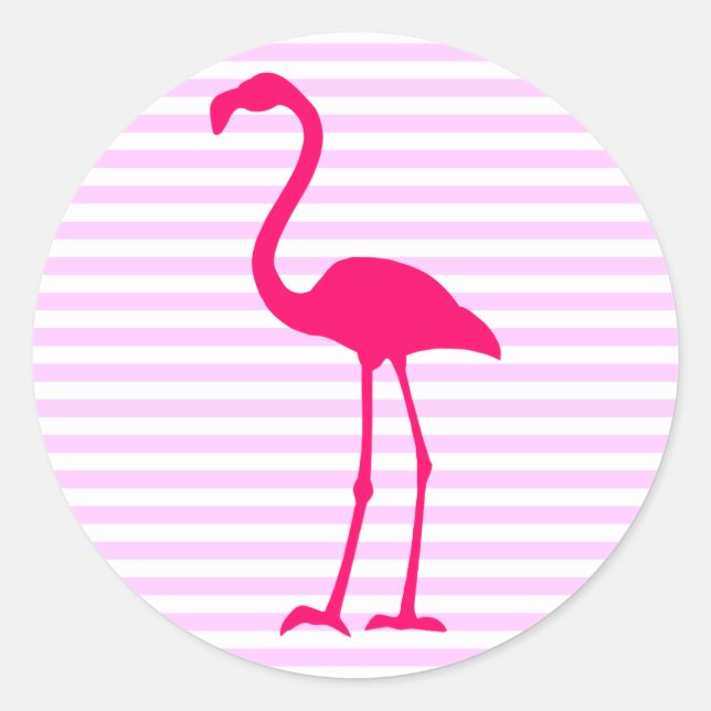 Customizable White Stripes Hot Pink Flamingo Classic Round Sticker (Front)