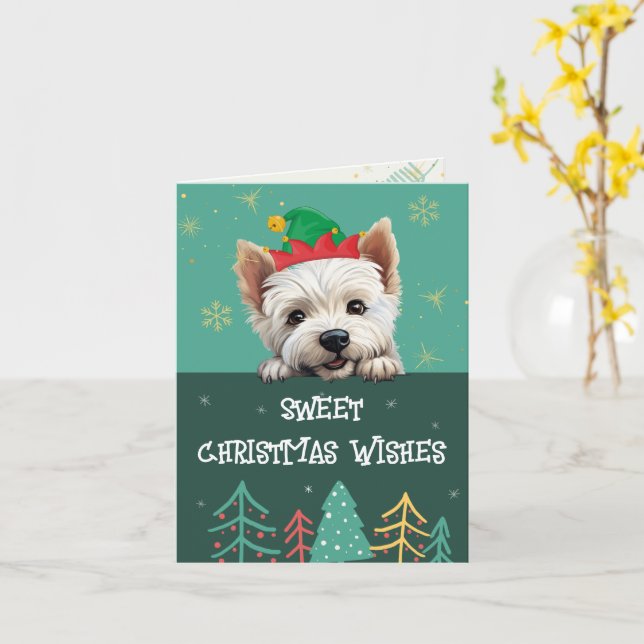 Customizable White Terrier Christmas Greeting Card (Yellow Flower)