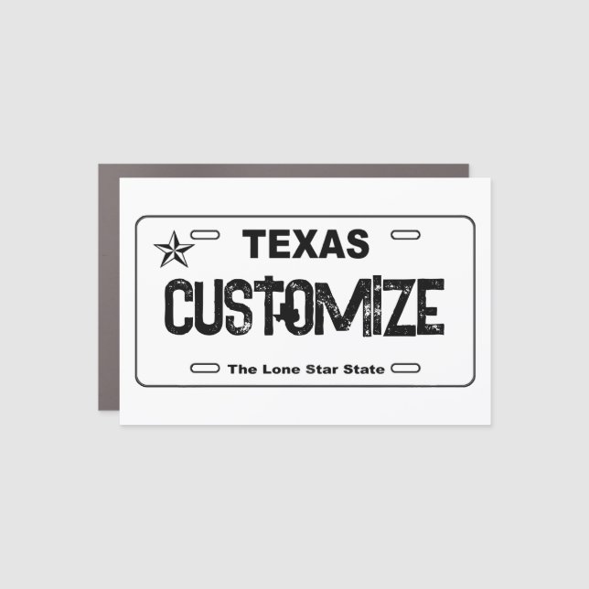 Customizable white Texas license plate car magnet (Front)
