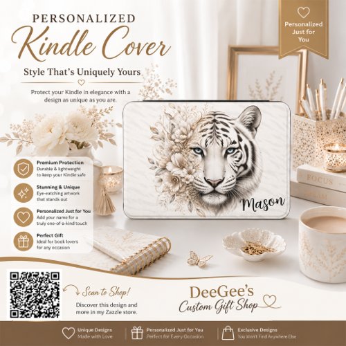 Customizable White Tiger with Floral Accent Kindle Cover