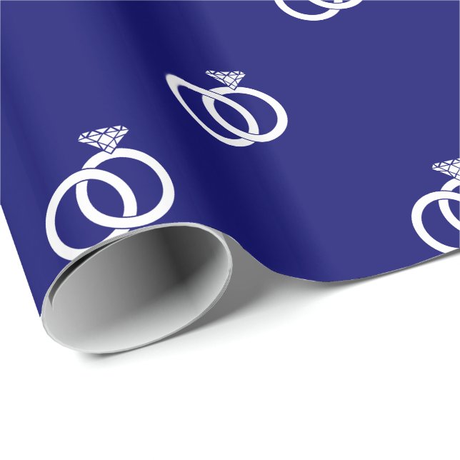 Customizable White Wedding Rings on Dark Navy Blue Wrapping Paper (Roll Corner)
