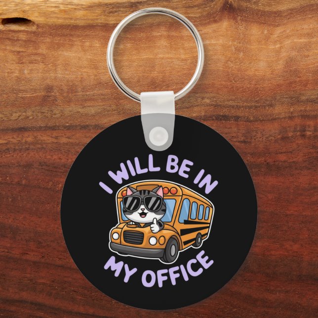 Customizable Will Be in My Office Cute Cat Driving Keychain (Front)