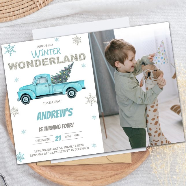Customizable Winter Party Invitations for Kids (Winter Photo Wonderland Truck Birthday Invitations)