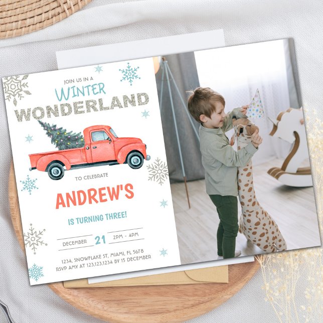 Customizable Winter Party Invitations for Kids (Red Truck Wonderland Birthday Invitations w photo)