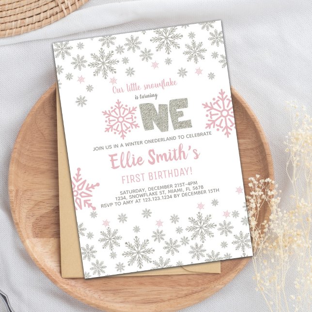 Customizable Winter Wonderland Party Card (Pink Silver Glitter Winter ONEderland Birthday Invitation)