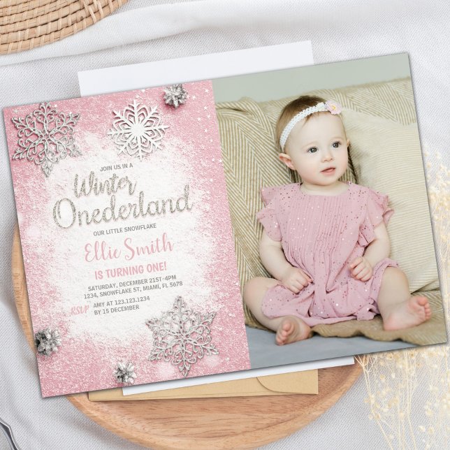 Customizable Winter Wonderland Party Invitations (Pink Glitter Winter ONEderland Invitations w photo)
