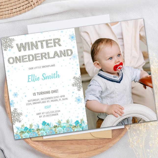 Customizable Winter Wonderland Party Invitations (Green Floral Winter ONEderland Invitations photo)